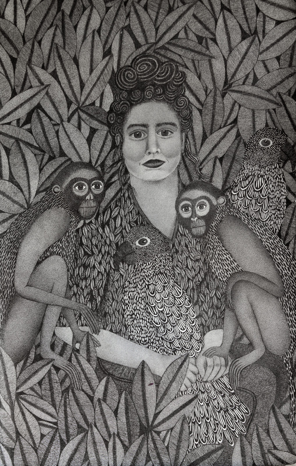 Self portrait with monkeys and parrots