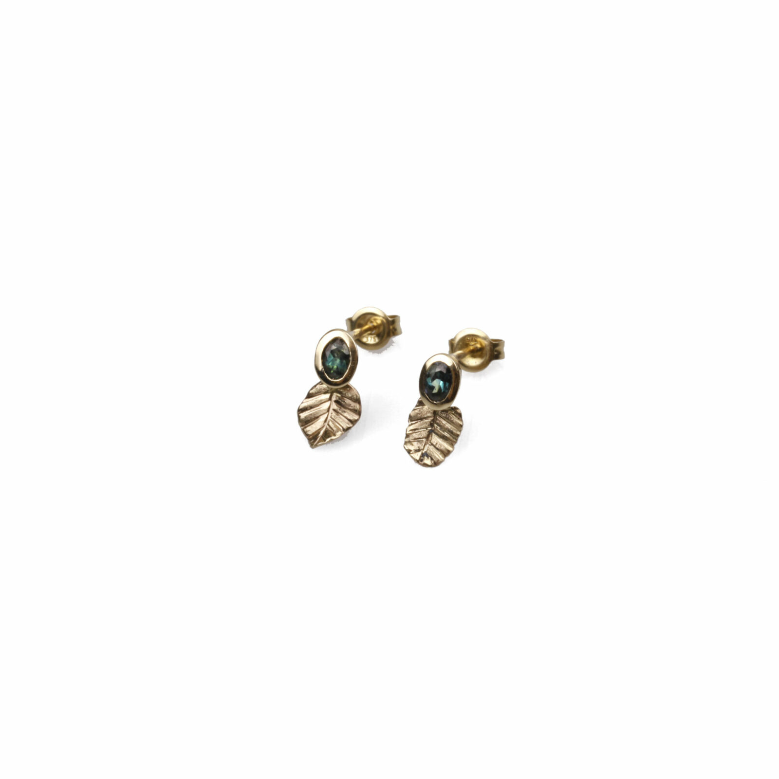 parti sapphire and fagus leaf studs - oval