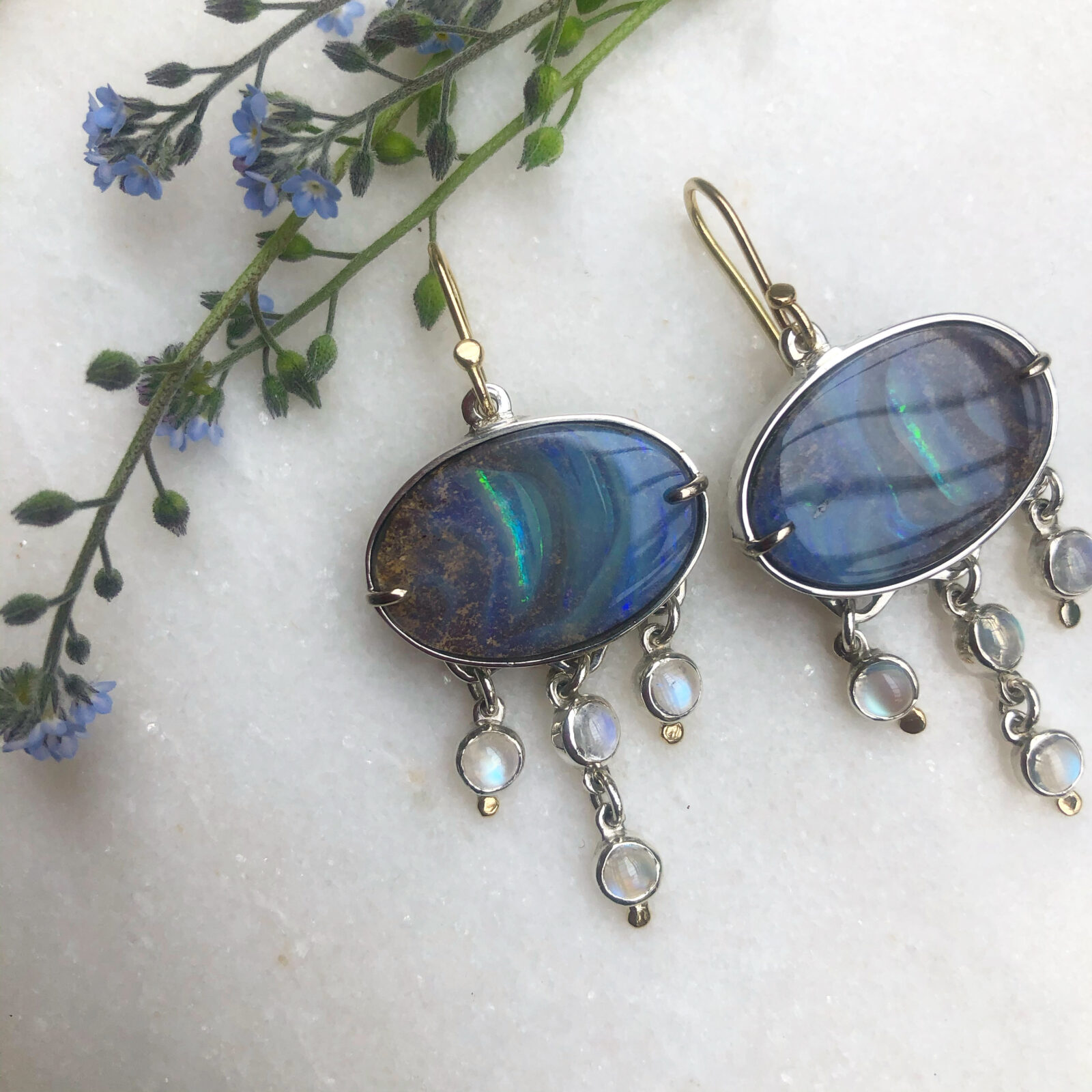 Large blue boulder opal earrings with blue moonstone drops