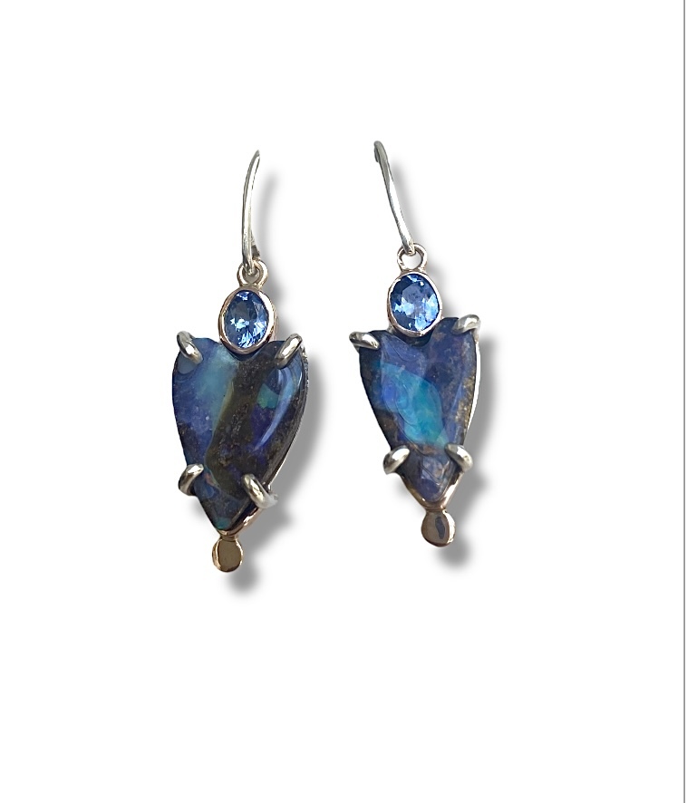 Boulder opal and ceylon sapphire heart shape earrings