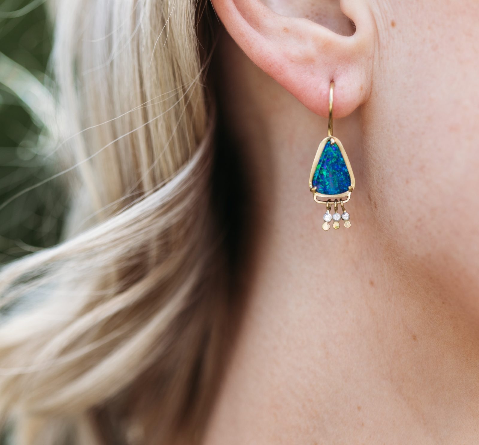 Triangular Opal Earrings with Diamond drops