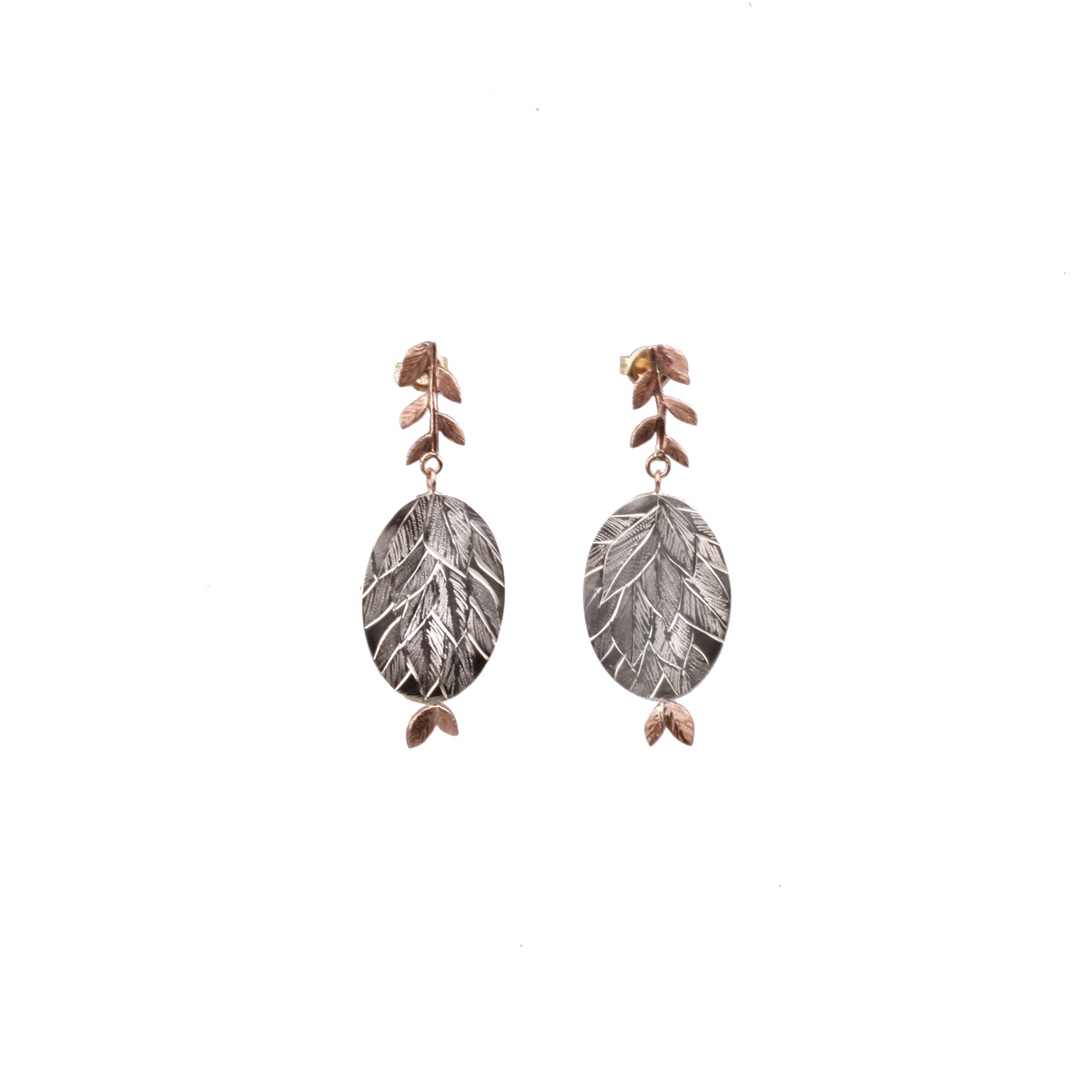 Engraved Foliage Drop Earrings (Sterling silver & Rose Gold)