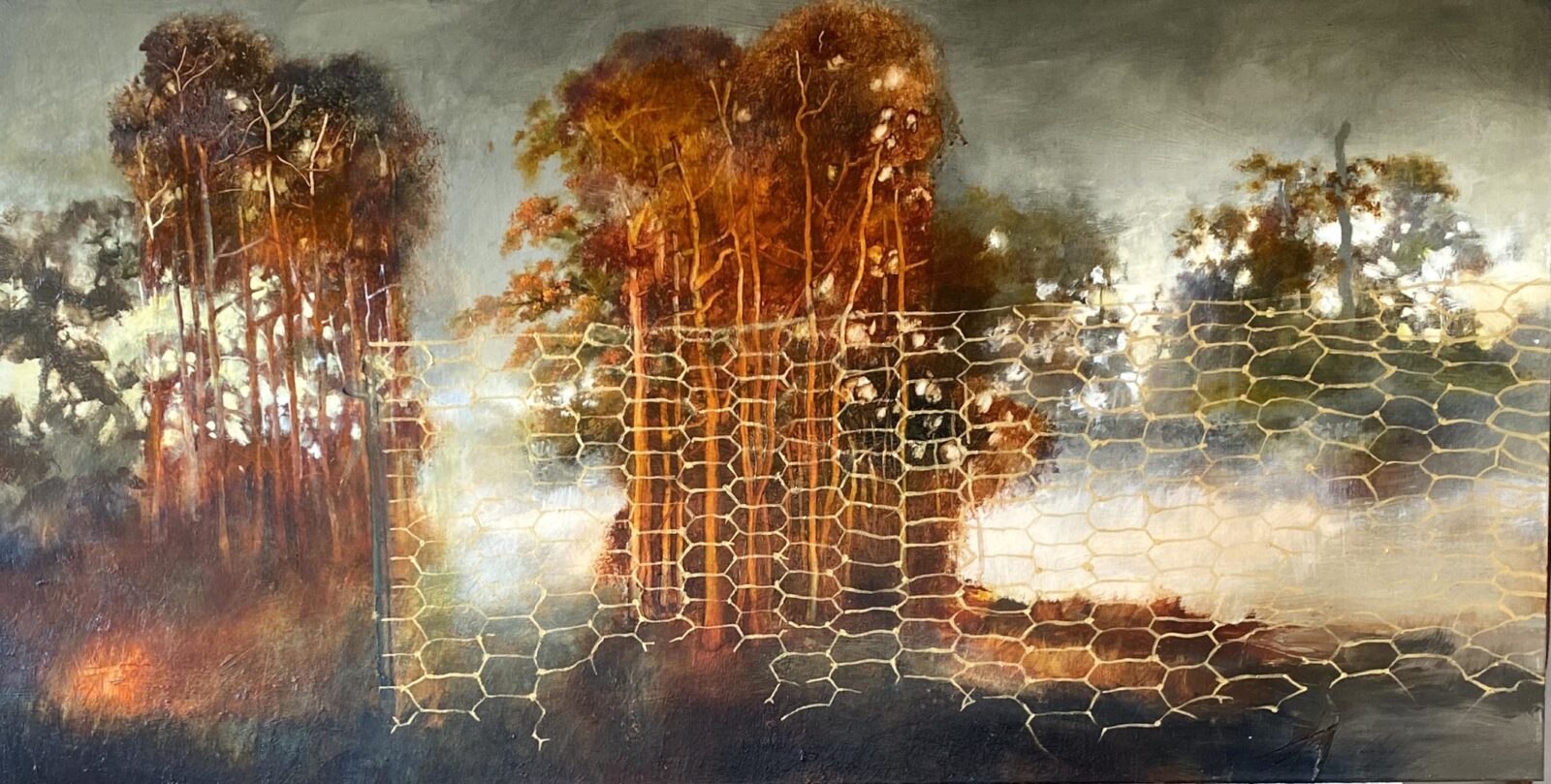 Red trees with chickenwire ( series: I have always used chickenwire to protect my dreams from the world)