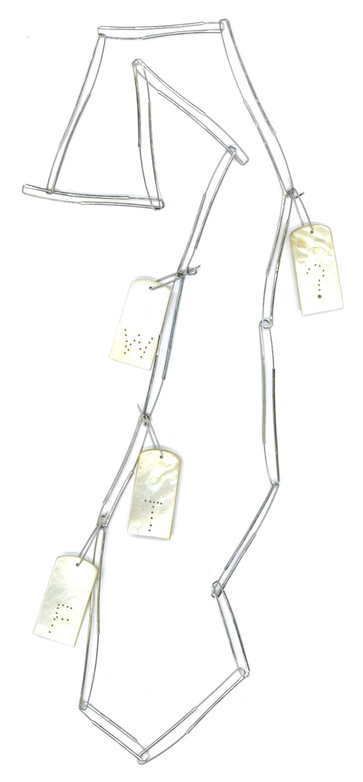 Mother of Pearl WTF tag pin set of 4 on Beaten Snow Pea Pod chain